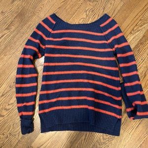 Blue and red striped sweater with suede elbow pads